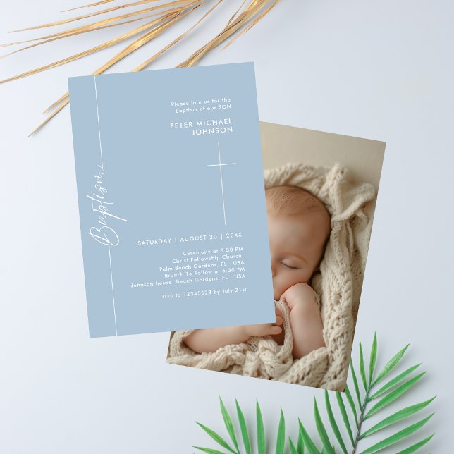 Invitation Simple Elegant Dusty Blue Baby Boy Baptism Photo (Créateur téléchargé)