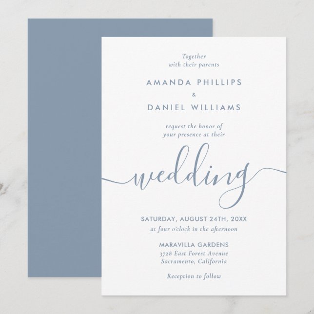 Invitation Simple élégant Dusty Blue Mariage de script modern (Devant / Derrière)