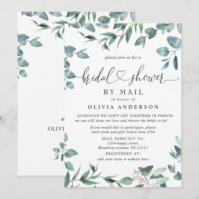 Invitation Simple Élégant Eucalyptus LANCEMENT DE MARIÉE Par  (Devant / Derrière)