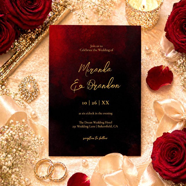 Invitation Simple Élégant Faux Or Script Rouge Noir Mariage (Créateur téléchargé)