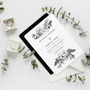 Invitation Simple Elegant Floral Mariage noir blanc