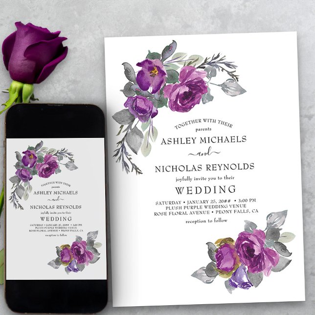 Invitation Simple Elégant Floral Purple Flowers Mariage (Simple purple floral wedding invitation from my Plush Purple Wedding Collection)