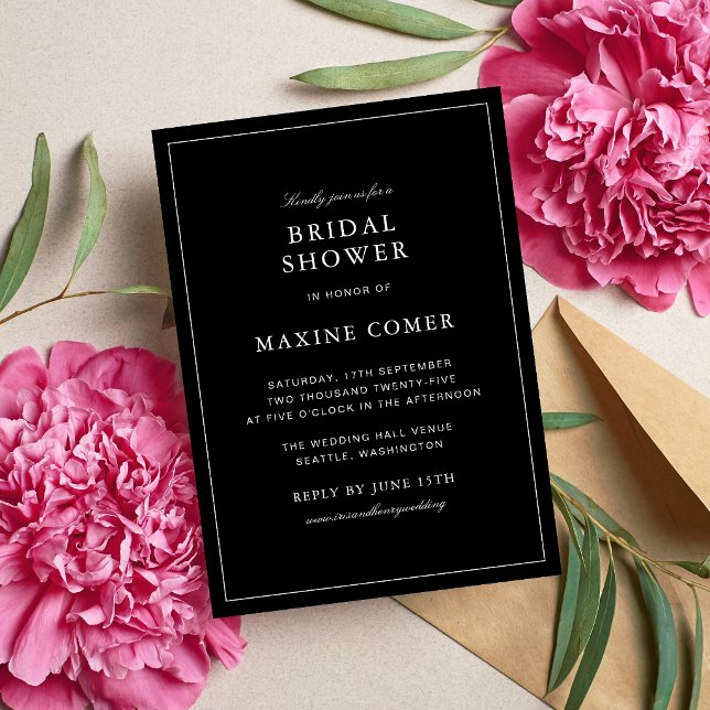Invitation Simple Élégant Formel Fête de Mariage en Noir & Bl (Simple black and white bridal shower invitation adds elegant charm to your special day.)