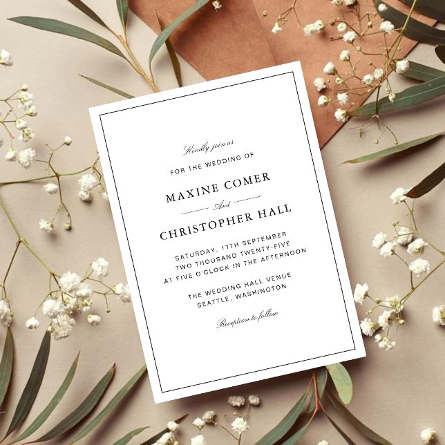 Invitation Simple Élégant Formel Mariage Blanc & Noir (Simple white and black wedding invitation creates a timeless, elegant first impression.)