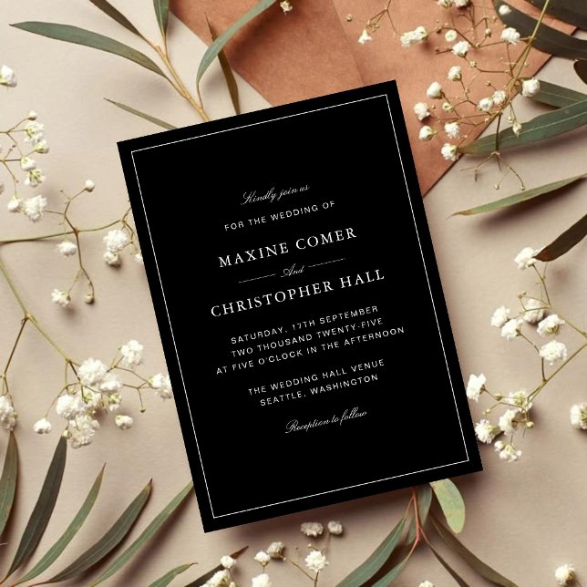 Invitation Simple Élégant Formel Mariage Noir & Blanc (Simple black and white wedding invitation creates a timeless, elegant first impression.)