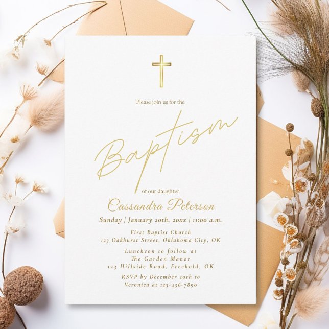 Invitation simple Elegant Gold Cross Baptism (Créateur téléchargé)