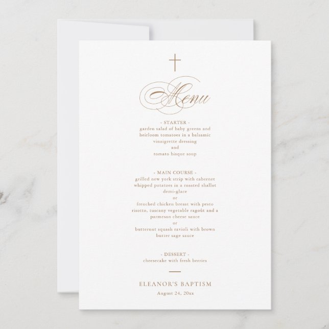 Invitation Simple Elegant Gold Cross Calligraphy Baptism Menu (Devant)