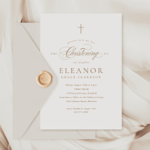 Invitation Simple Elegant Gold Cross Calligraphy Christening