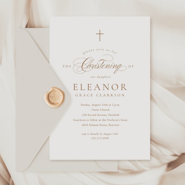 Invitation Simple Elegant Gold Cross Calligraphy Christening (Créateur téléchargé)