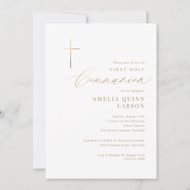 Invitation Simple Elegant Gold Cross First Holy Communion (Devant)