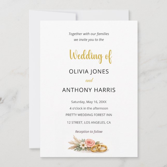 Invitation Simple Elegant Gold Floral Rose Wedding (Devant)