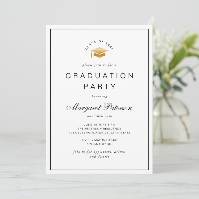 Invitation Simple Elegant Gold Grad Casquette fête de graduat (Debout devant)