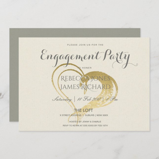 INVITATION SIMPLE ÉLÉGANT GOLD HEART TYPOGRAPHIE FIANÇAILLES (Devant / Derrière)