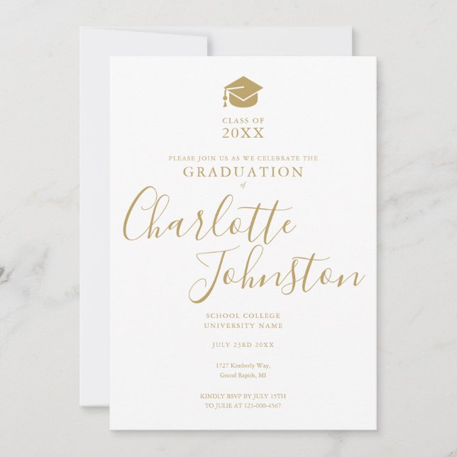 Invitation Simple Elegant Gold Script Photo Graduation Party (Devant)