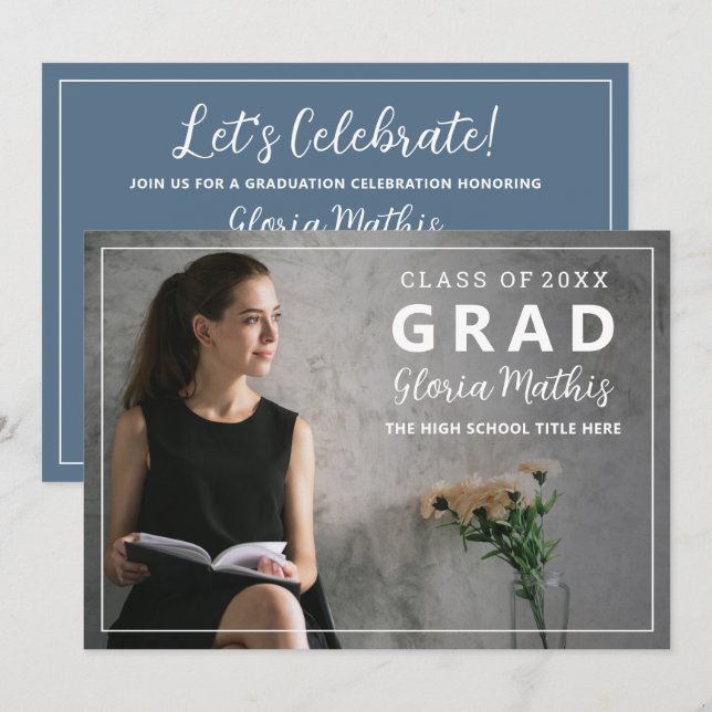 Invitation Simple Elegant Grey & White Photo Graduation Party (Devant / Derrière)