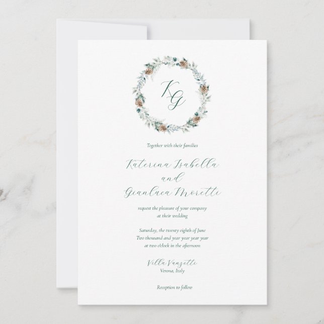 Invitation Simple Elegant Hiver Verdure Monogramme Mariage (Devant)