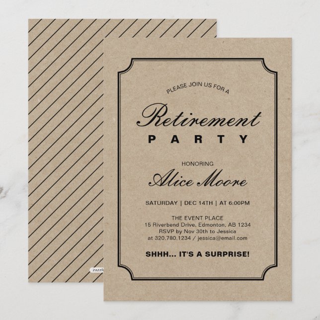 Invitation Simple Élégant Kraft | Fête de Retraite Surprise (Devant / Derrière)