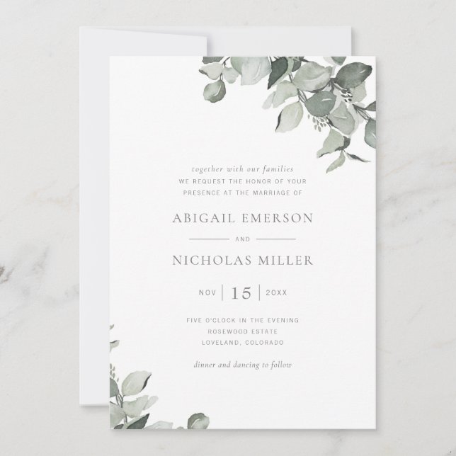 Invitation Simple Élégant Mariage Aquarelle Eucalyptus (Devant)