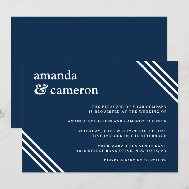 Invitation Simple Elegant Mariage bleu marine (Devant / Derrière)