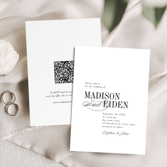 Invitation Simple Élégant Mariage Code QR Typographie Mariage (Simple Elegant Timeless Typography QR code Wedding Invitation)