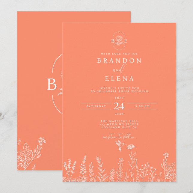 Invitation Simple élégant Mariage de corail botanique floral (Devant / Derrière)