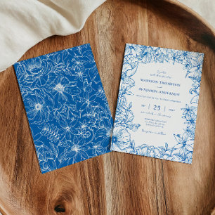 Invitation Simple Élégant Mariage de Jardin Floral Bleu Royal