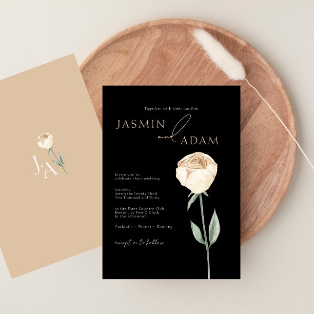 Invitation Simple Élégant Mariage Fleur Rose Noir et Rose (Simple Elegant Black Pink Rose Floral Wedding Invitation)