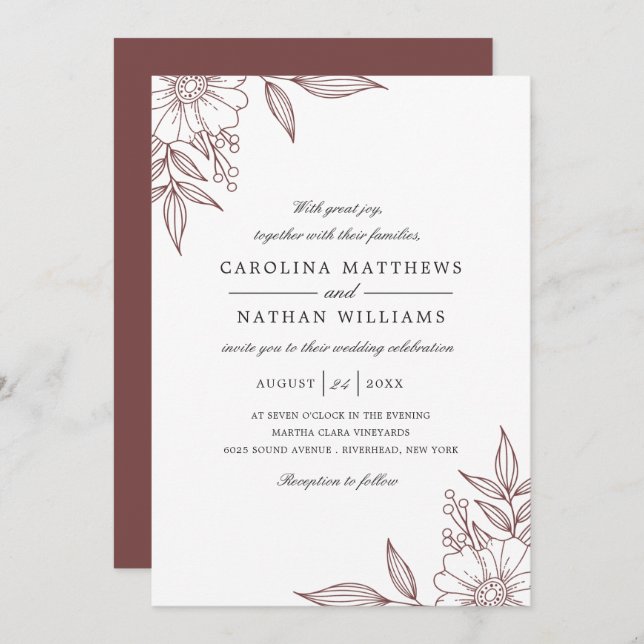 Invitation Simple Elégant Mariage Floral Corners (Devant / Derrière)