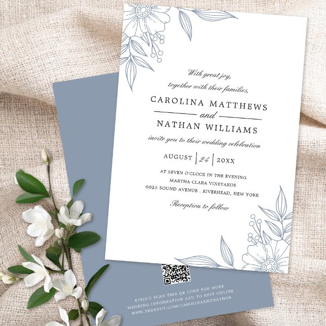 Invitation Simple Elegant Mariage Floral Corners Code QR bleu (Créateur téléchargé)