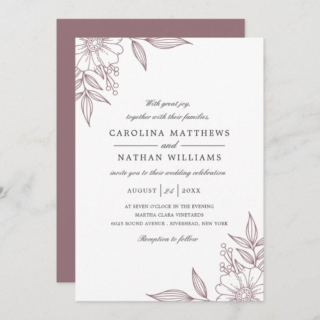Invitation Simple Elégant Mariage Mauve (Devant / Derrière)