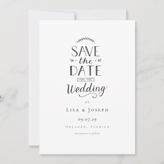 Invitation Simple Élégant Mariage Noir Blanc Enregistrer la D (Devant)