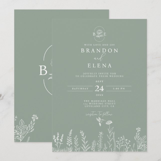 Invitation Simple Elégant Mariage végétal floral Sage vert (Devant / Derrière)