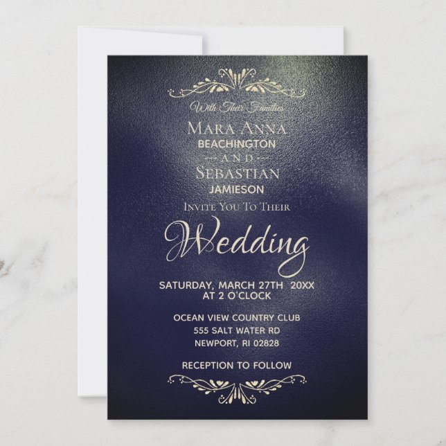 Invitation *~* Simple Elegant Marine BLue Mariage or (Devant)