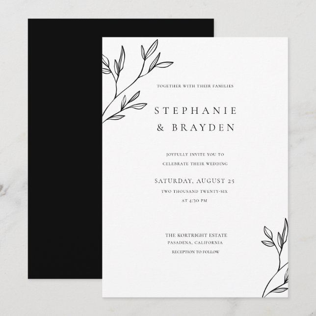 Invitation Simple Élégant Moderne Botanique Feuille Mariage N (Devant / Derrière)