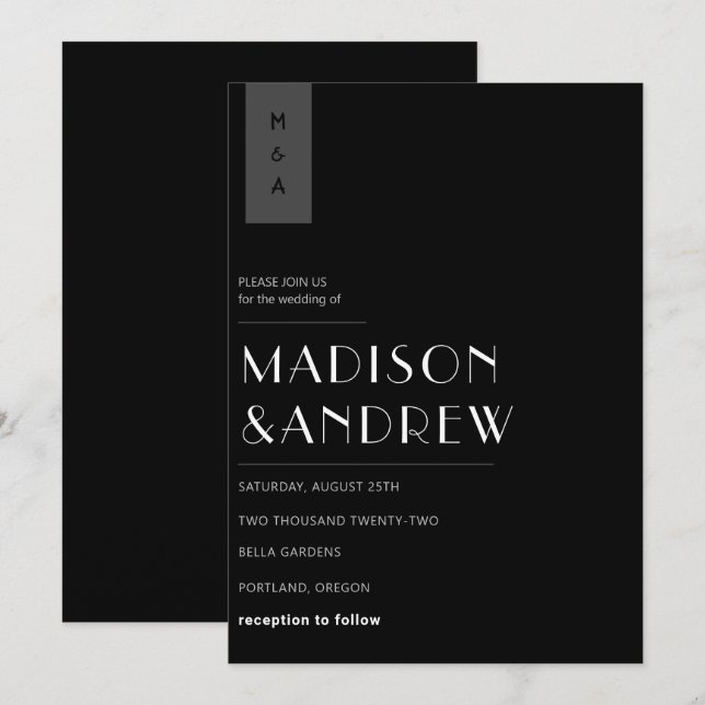 Invitation Simple Élégant Moderne Mariage Monogramme Noir Bla (Devant / Derrière)