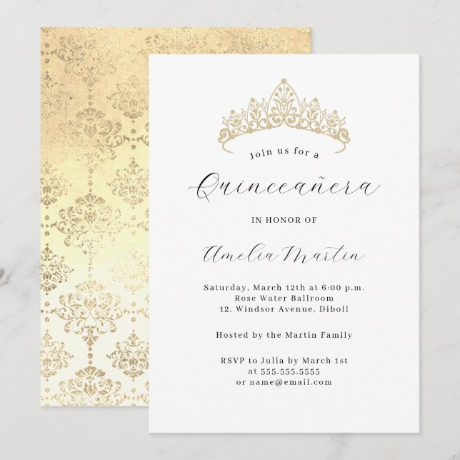 Invitation Simple Élégant Moderne Tiara en Or Quinceanera  (Devant / Derrière)