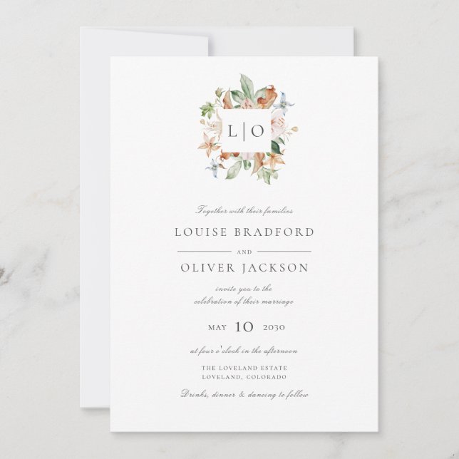 Invitation Simple Élégant Monogramme Couronne Fleurs Mariage (Devant)