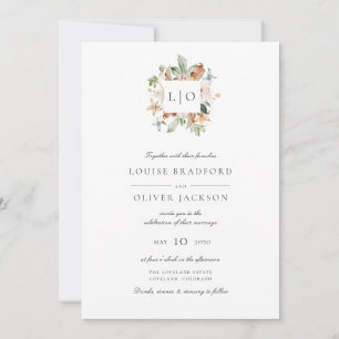 Invitation Simple Élégant Monogramme Couronne Fleurs Mariage
