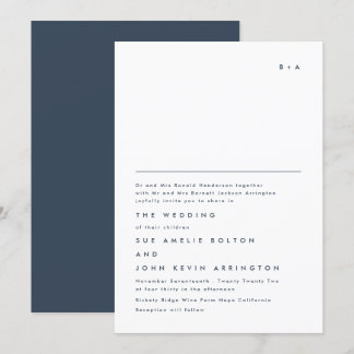 Invitation Simple Elegant Monogramme Marine Mariage bleu blan