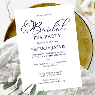 Invitation Simple Elegant Navy Bleu Script Bridal Tea Party