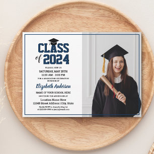 Invitation Simple Elegant Navy Blue Graduate Photo Graduate