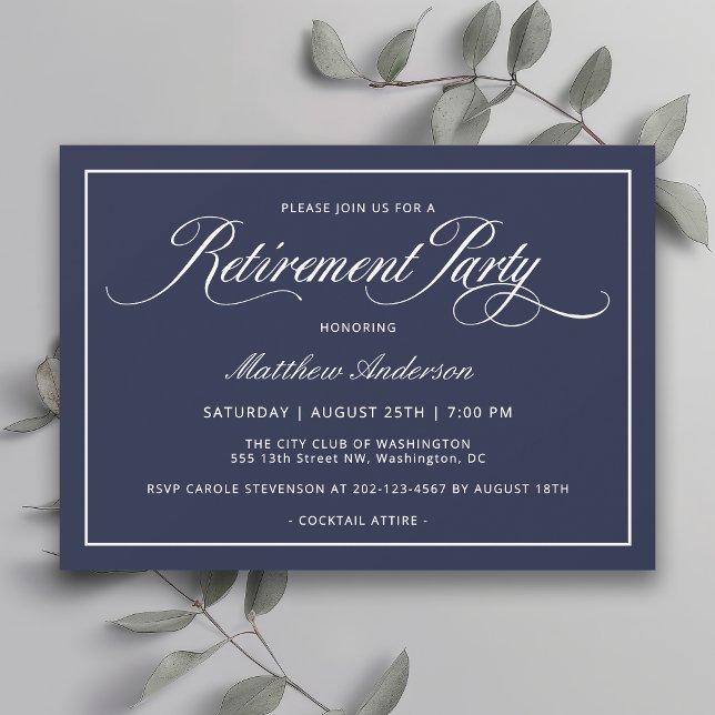 Invitation Simple Elegant Navy Blue Retirement Party (Available in both printed and instant download digital formats.)