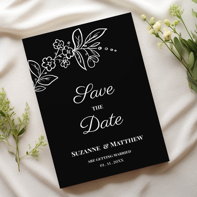 Invitation Simple élégant noir blanc floral Enregistrer la da (Simple elegant black white floral Save the Date)