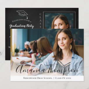 Invitation Simple Elégant noir blanc Multi Photo Graduation