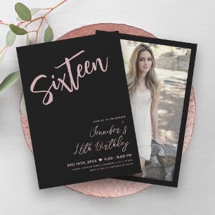 Invitation Simple Elégant Noir Blush Rose Sweet 16 Script