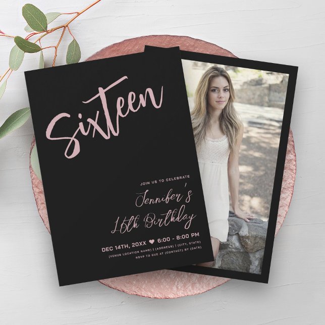 Invitation Simple Elégant Noir Blush Rose Sweet 16 Script (Simple Elegant Black Blush Pink Sweet 16 Script Invitation)