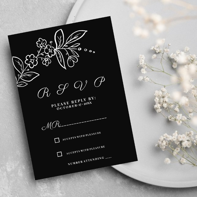 Invitation Simple élégant noir floral RSVP (Simple elegant black white floral RSVP)