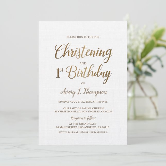 Invitation Simple Elegant Or Blanc Christening 1er anniversai (Debout devant)