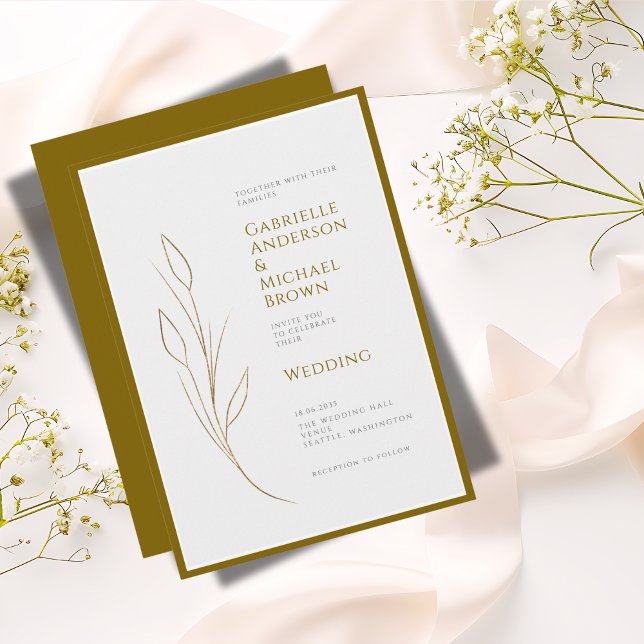 Invitation Simple Élégant Or Gris Minimal Floral Mariage  (Créateur téléchargé)