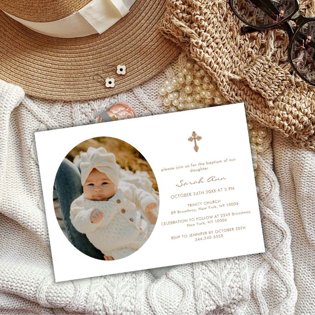 Invitation Simple Elegant Oval Gold Cross Baby Photo Baptism (Simple Elegant Oval Gold Cross Baby Photo Baptism Invitation)